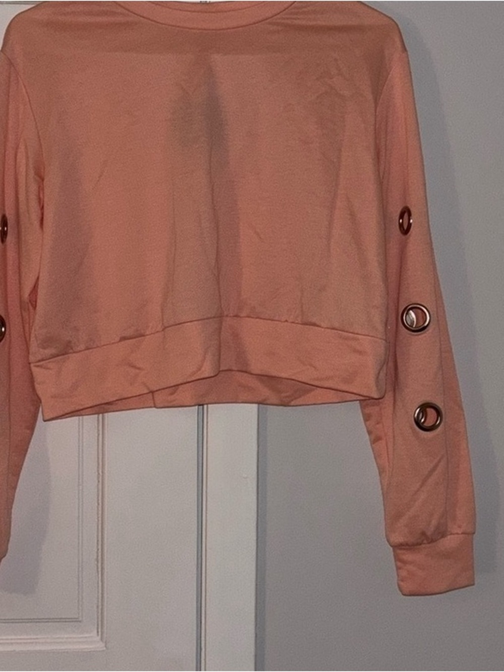 Cropped Peach Grommet-Sleeve Sweatshirt
